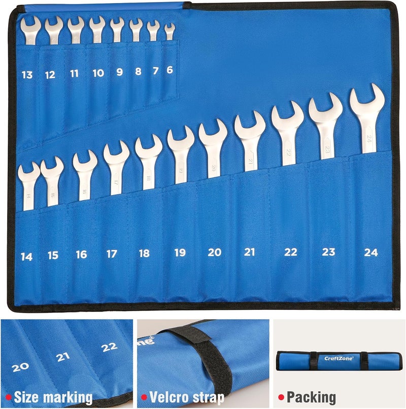 CRAFTZONE 19-Piece Combination Wrench Sets CR-V Metric Wrench Set 6-24mm Box and Open End Wrench Set 12-Point with Rolling Pouch Industrial for Workshop Outdoor Diy Repair - Image 5